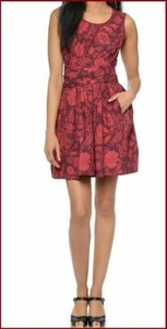 NWT-Jill-Stuart-Sz-10-Red-Floral-Fit-and-Flare-Belted-Poplin-Dress-WITH-POCKETS