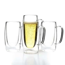 LEMONSODA Double Walled Beer Drink Glass Mug with Handle - Set of 4