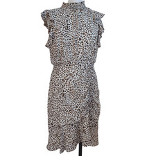 Sam Edelman Dress Flirty Chiffon Leopard Print Ruffles High Neck Womens 8