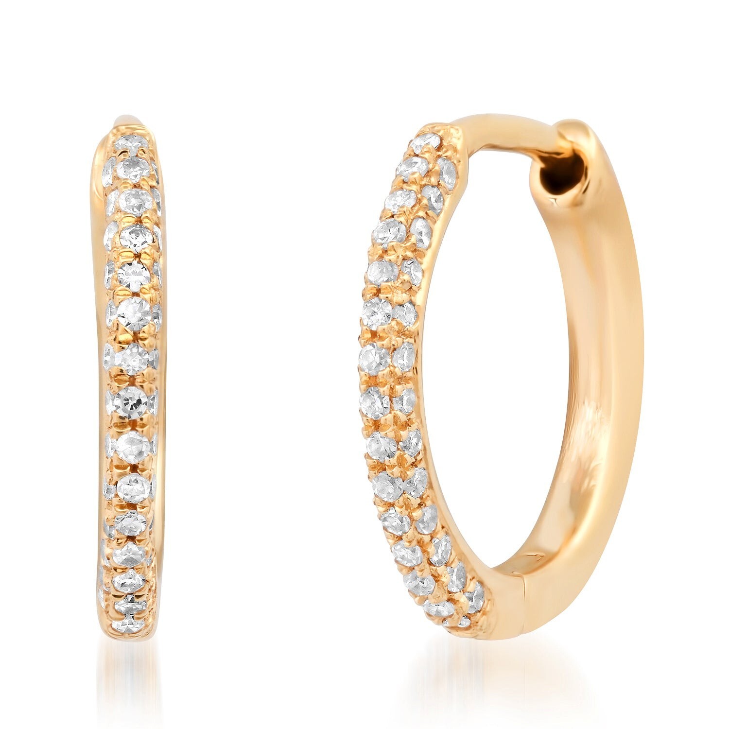 14K Solid Yellow Gold Natural Diamond Hoop Micropave Three Row Prong Earrings