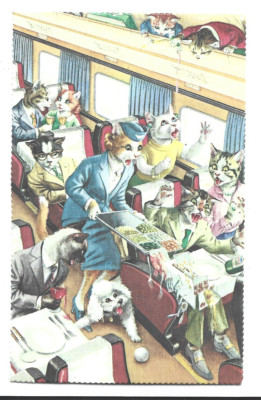 ALFRED MAINZER,HARTUNG DRESSED CATS~#4754 FLIGHT ATTENDANT SPILLING DINNER