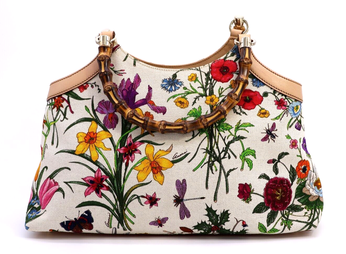 Gucci Bamboo-Handle Handbag Shoulder Bag Purse Flora Canvas