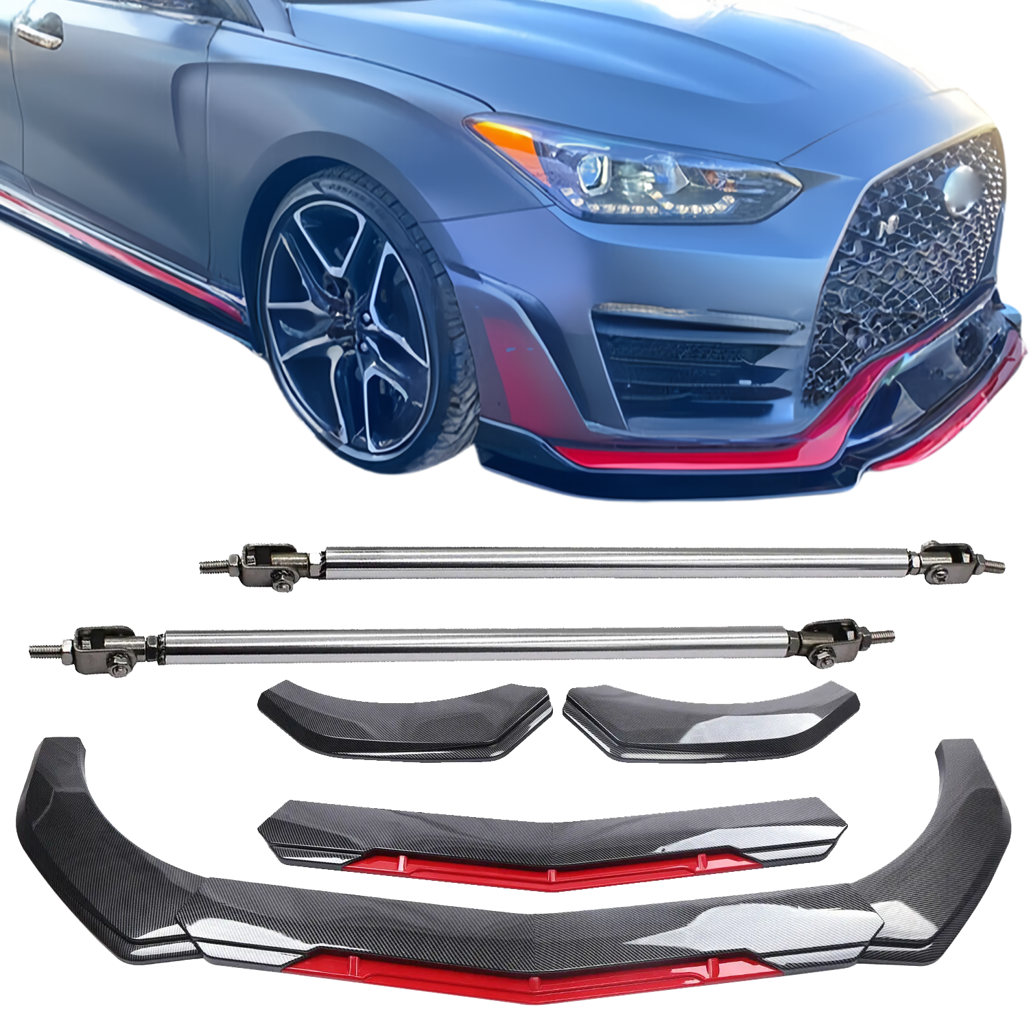Hyundai Veloster Carbon Fiber Front Bumper Lip Spoiler Splitter with Strut Rod