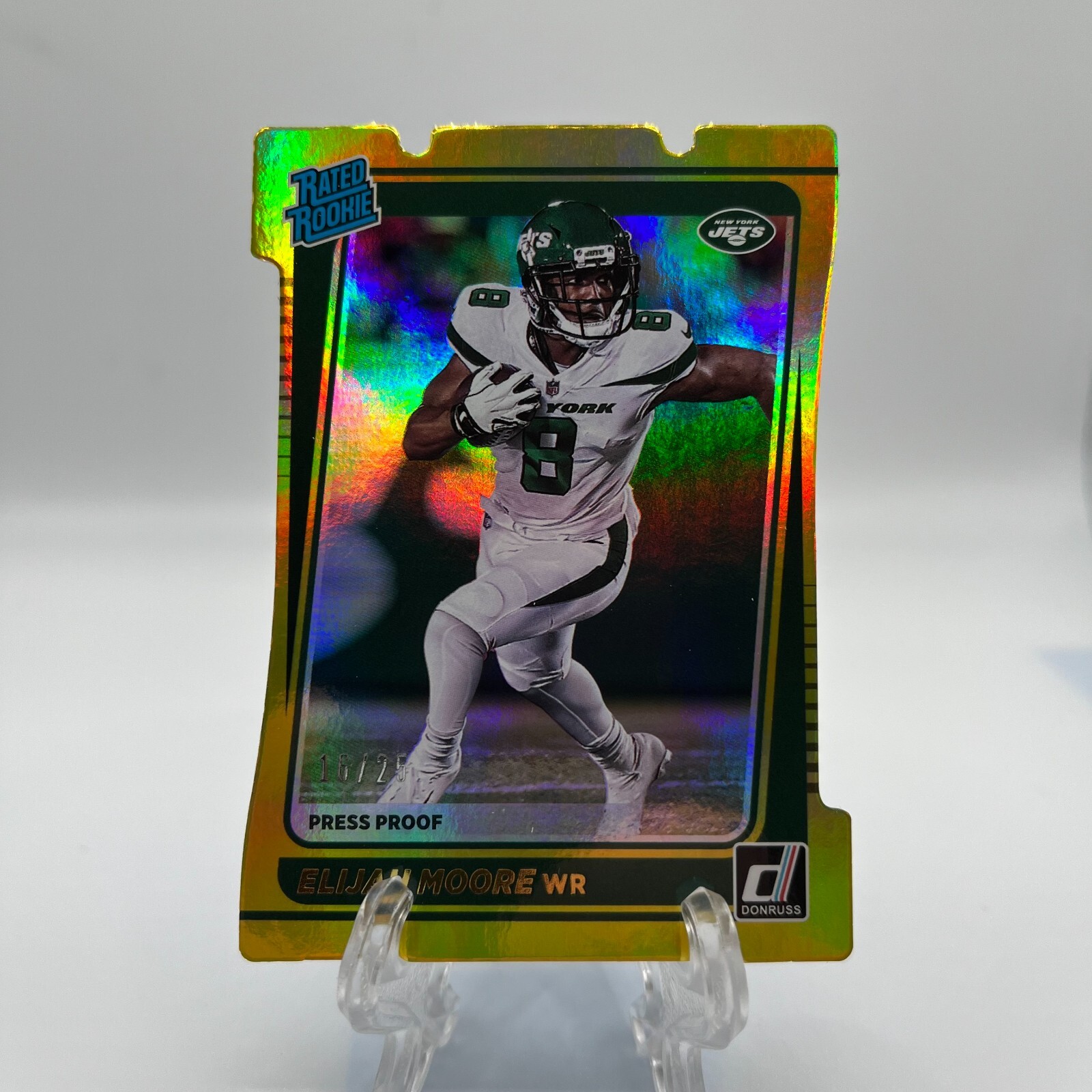 2021 Panini Donruss Elijah Moore Rated Rookie RC Press Proof Gold Die Cut /25