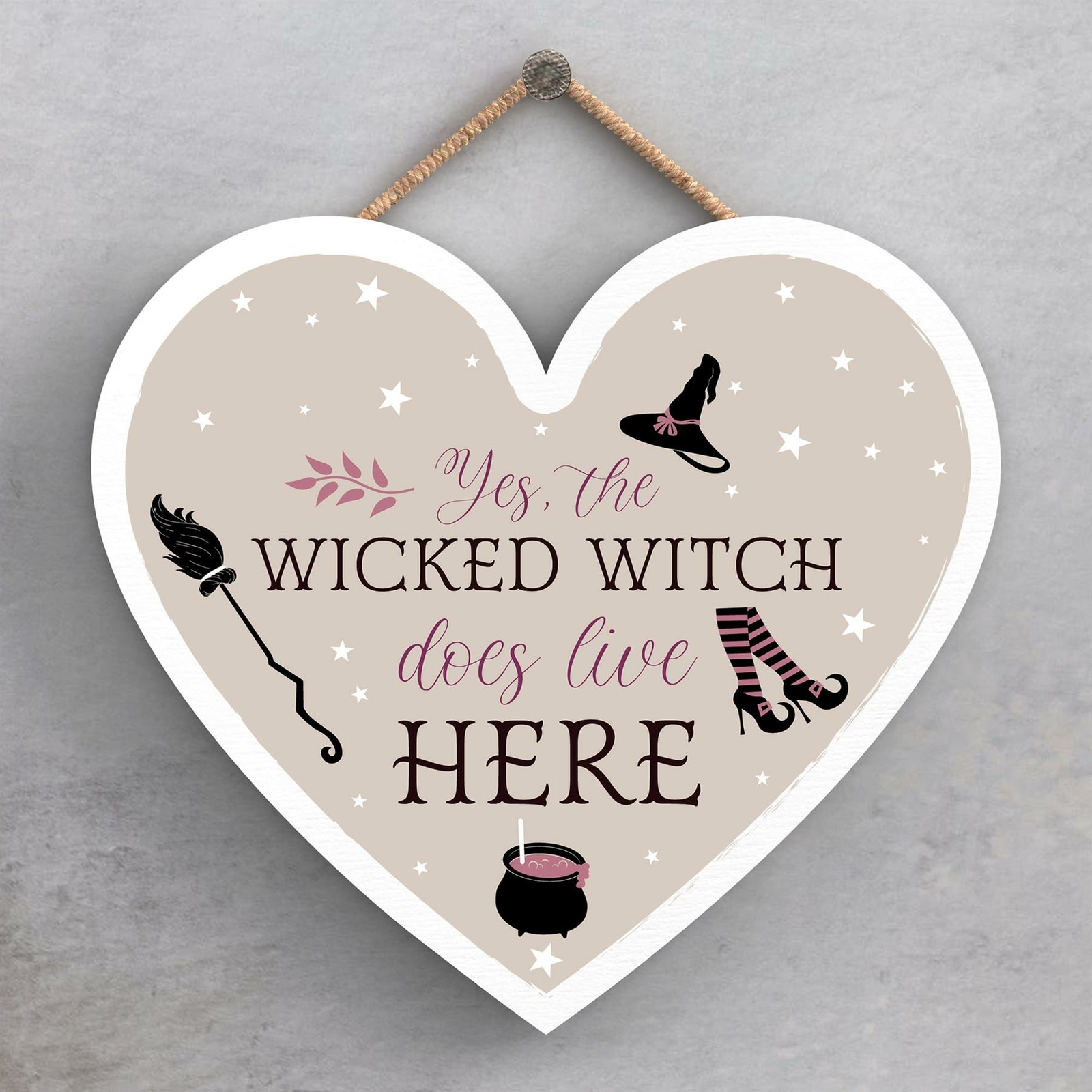 WICKED WITCH HEART SHAPED WITCHCRAFT THEMED HALLOWEEN WOODEN HANGING PLAQUE