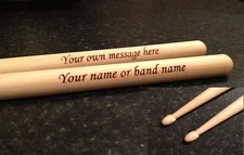 Personalised Laser Engraved Pair of Drum Sticks High Quality 5A Maple