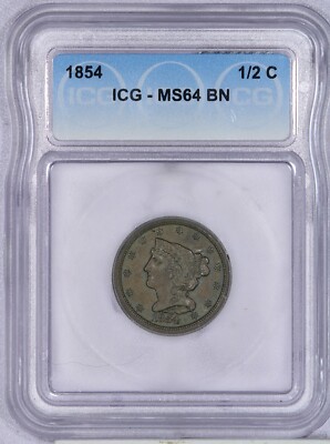 1854 Braided Hair HALF CENT 1/2C ICG MS64 BN