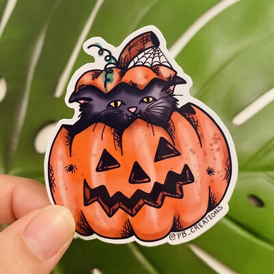 Halloween Kitty Vinyl Sticker Pumpkin Cat Vampire Kitten Spooky Spoopy