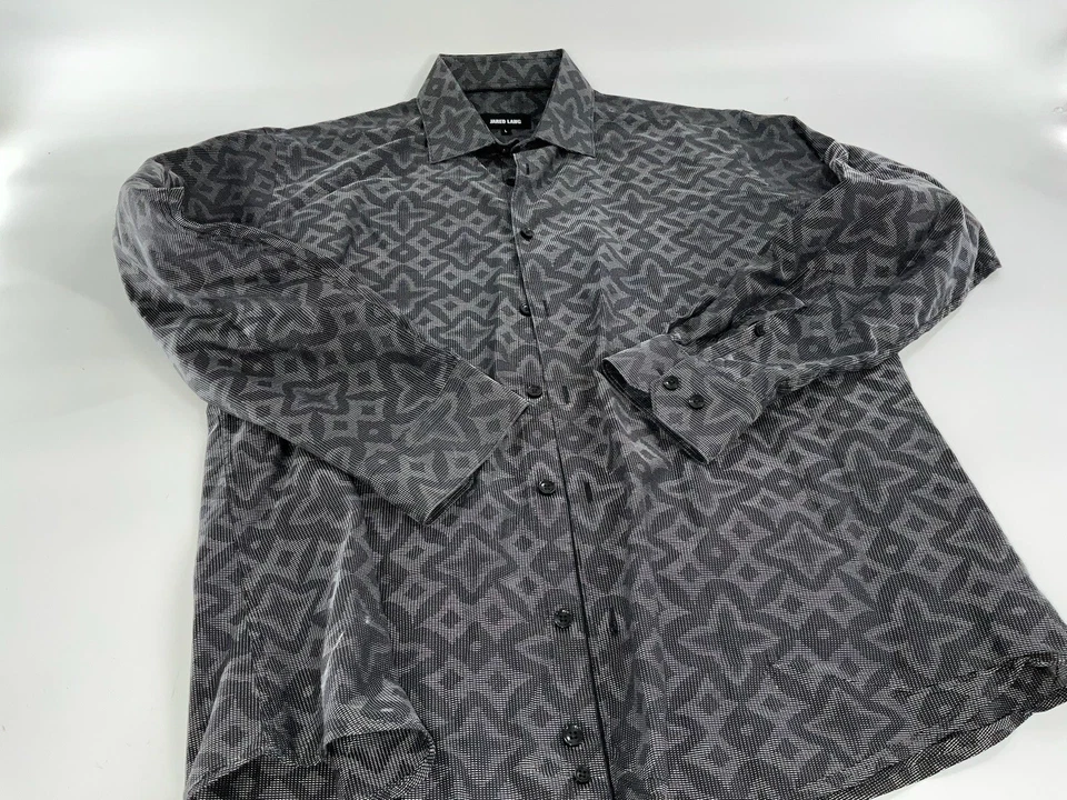 Camisa con botones Jared Lang para hombre L gris algodón geométrico L/S nueva sin etiquetas YGI A4-45 Foto 2 de 4