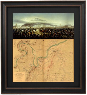 Framed Battle of Lookout Mountain with Chattanooga Battlefield Map. Made in USA