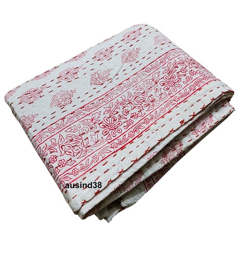 Indian Cotton Hand Block Print Kantha Bedspread handmade Quilt Throw Blanket - Picture 4 of 4