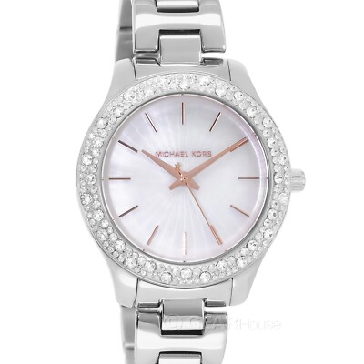 Michael Kors Liliane Womens Pave Crystals Watch, White MOP Dial, Stainless Steel