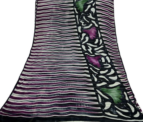 Indian Vintage Sari Black & Purple Pure Georgette Silk Printed Saree Sewing Soft - Imagen 4 de 22