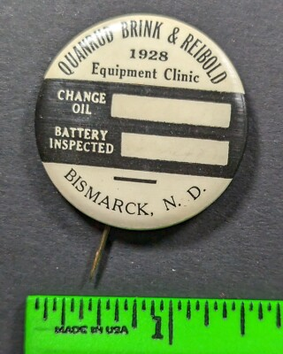 #ad Vintage 1928 Automobile Garage Gas Oil Bismarck North Dakota Pinback Pin $24.00