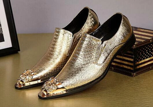 green emerald velvet dress OneDrop Men Handmade Gold Spikes Dress Shoes Leather Party Wedding Prom Loafers Gold / 16.5 main image 1