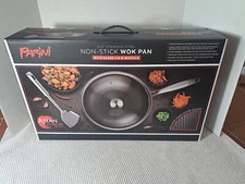 Parini 12.5" Stainless Steel Non-Stick WOK Pan W/Glass Lid & Spatula NIB