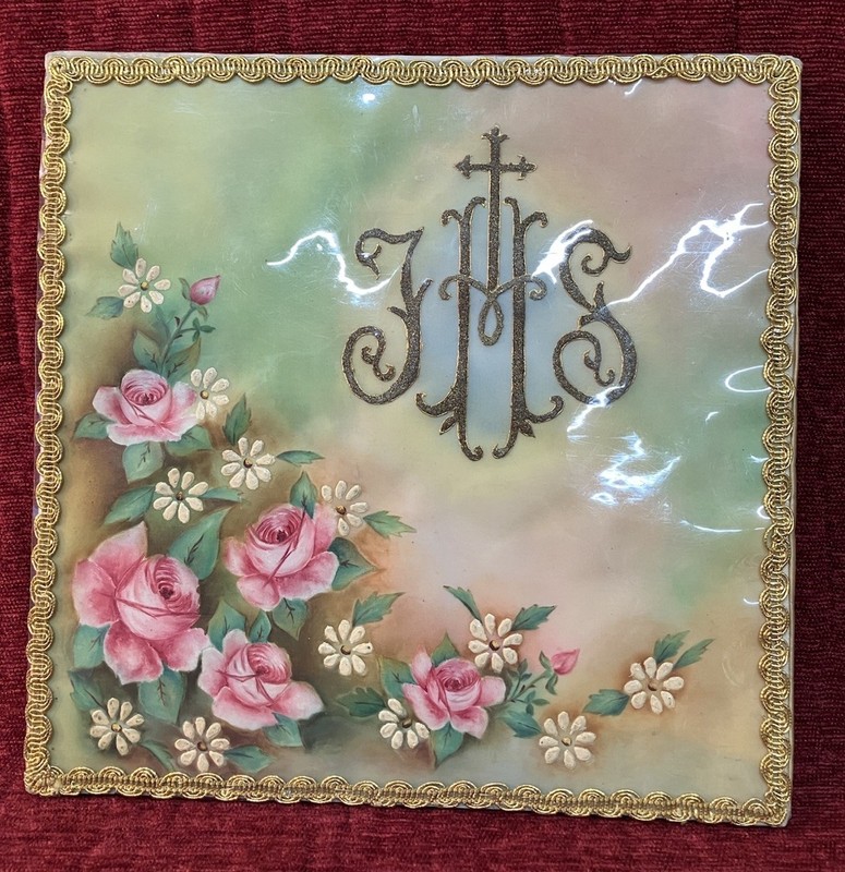 Catholic Church Vestment Burse Vintage Hand Painted IHS & Roses L- 190A