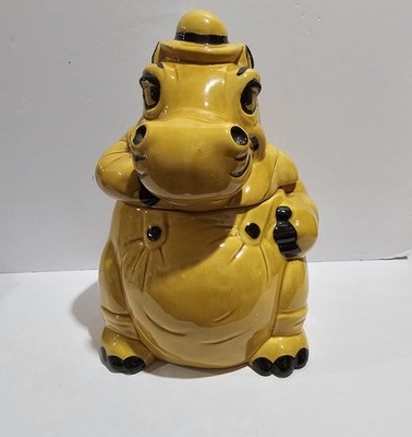 VTG- 1960s Yellow Brush McCoy Ceramic Hippo W/ Overalls & Derby Hat Cookie Jar