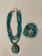 Costume Jewelry Set Necklace Bracelet Turquoise Silver Tone