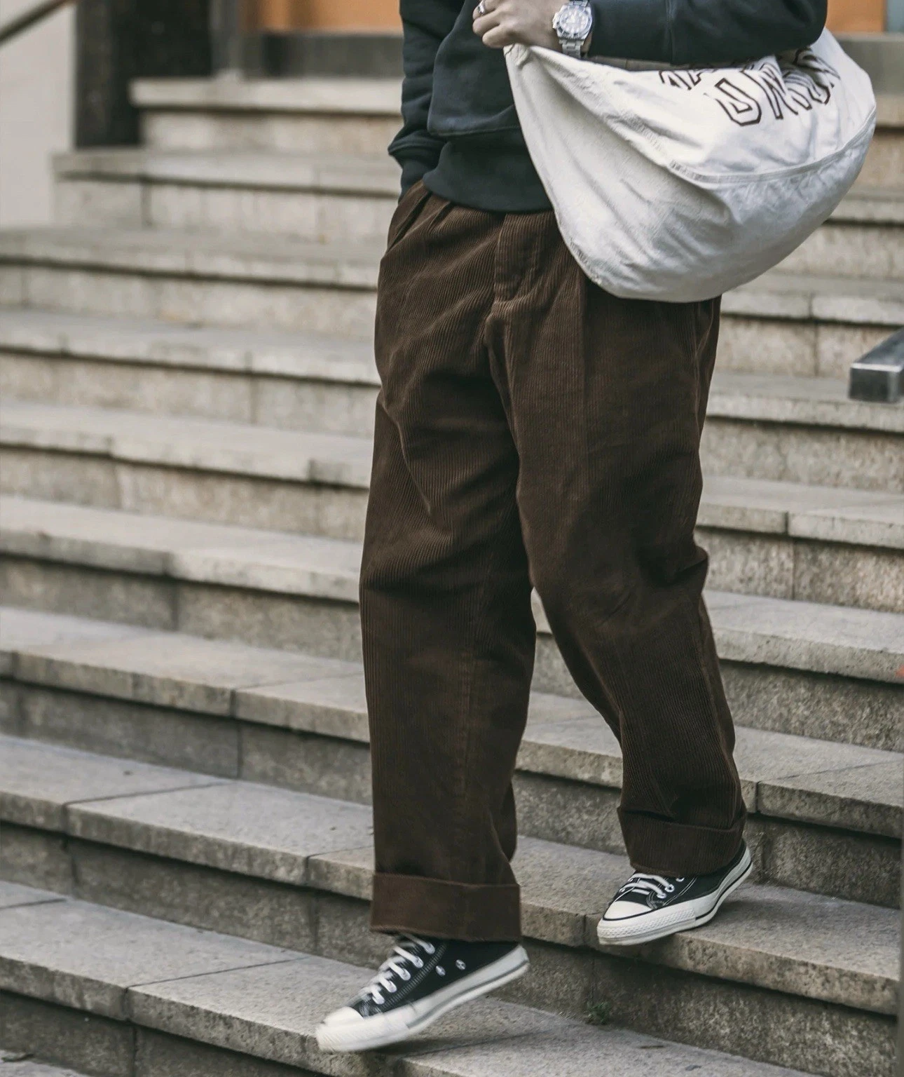 NON STOCK S Corduroy Pants Men Pleated Casual Trousers Loose Workwear Pant S