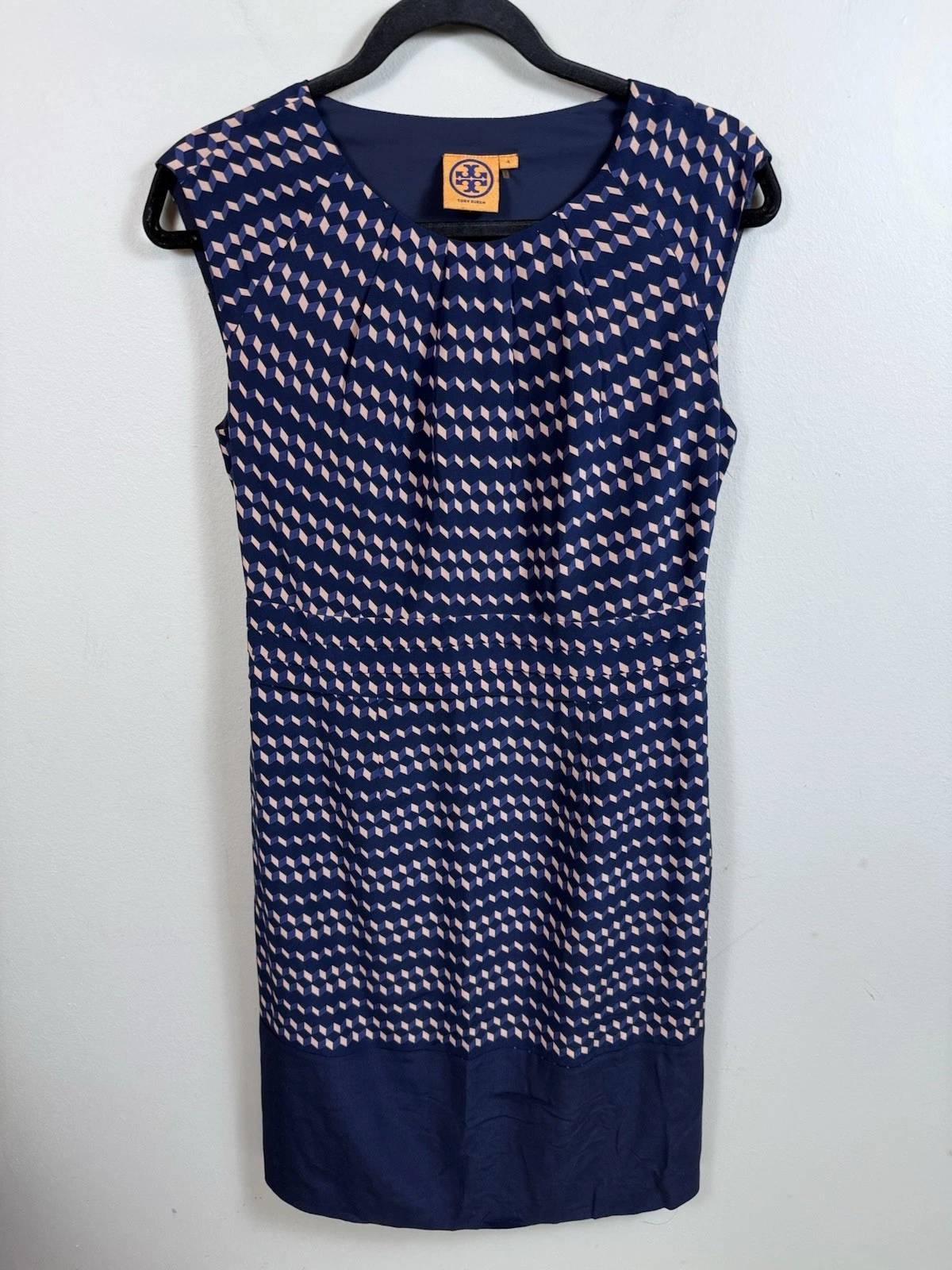 Abito tubino geometrico Tory Burch seta Marlow 4 blu navy mini carriera