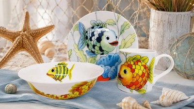 Happy Fish Kinder Frühstücksset 3-teilig Fine China 16,5 cm Teller Becher Schale