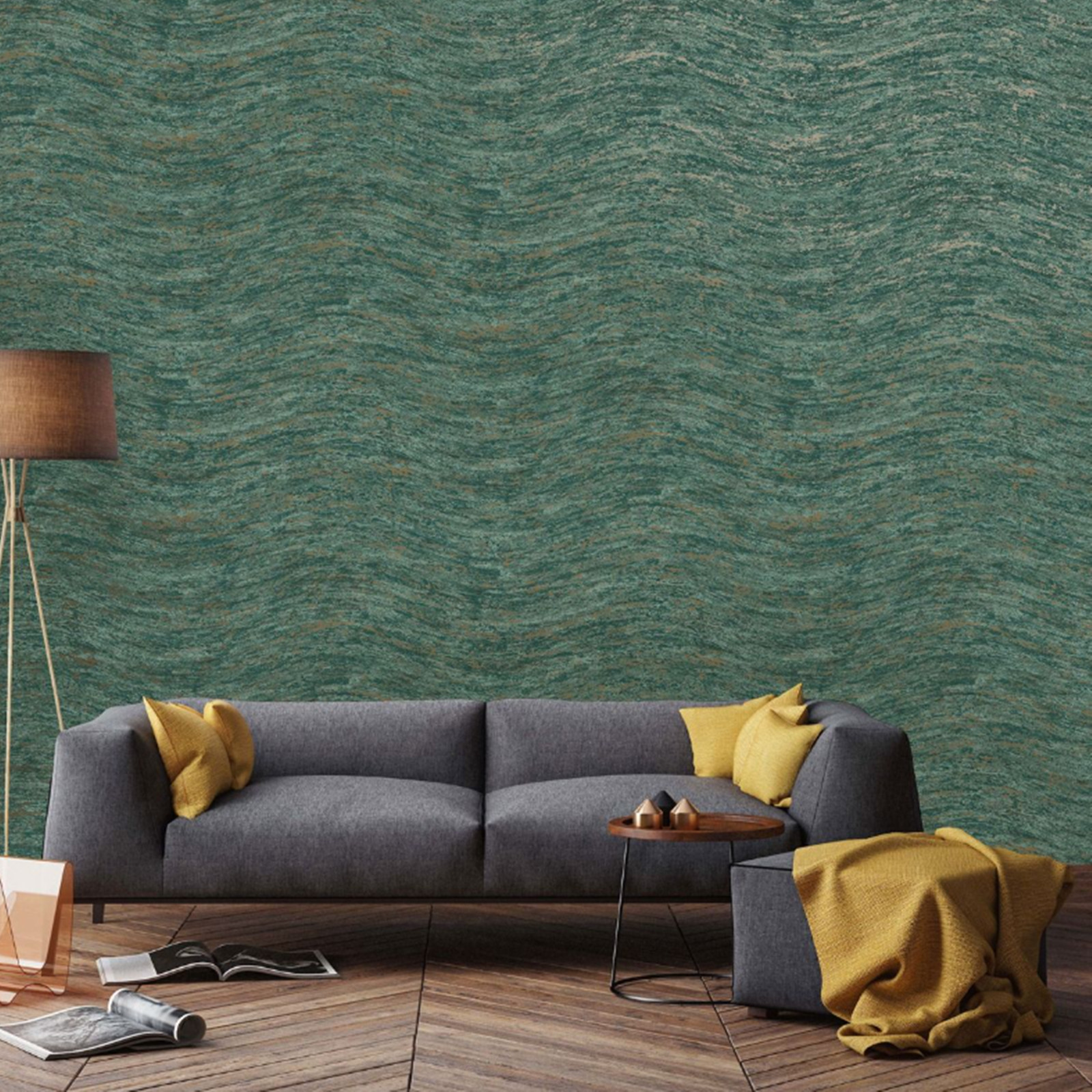 Teal Wave Effect Wallpaper Gold Metallic Shimmer Textured Feature Wall Lounge