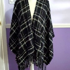 Black White Plaid Soft Cozy Fuzzy Fringed Shrug Poncho One Size