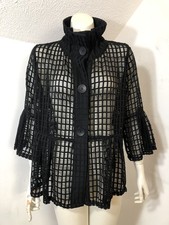 Damee Inc Womens Large Black Lace Sheer Button Front Jacket Flared Sleeves Colla