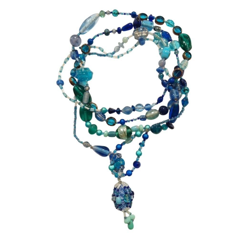 Blue Glass Multi-Strand Beaded Statement Necklace… - image 4