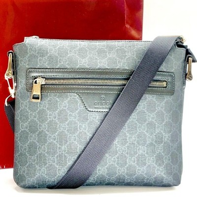 GUCCI GG Supreme Leather Trim Shoulder Crossbody Sling Bag Gray Black 387514