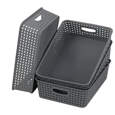 Plastic Paper Storage Trays, Office Shallow Basket Set of 4 Grey