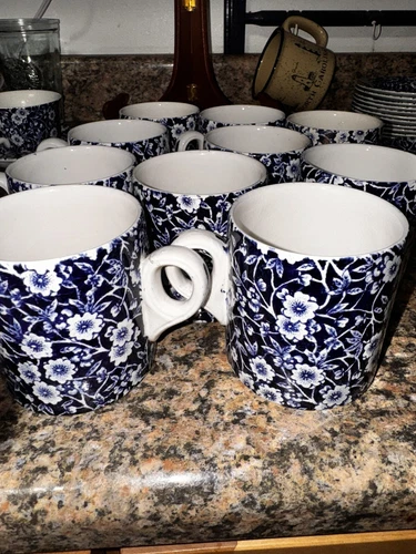 10 Piece Staffordshire CALICO BLUE (CROWNFORD STAMP) Coffee Mug Cup 3 1/4"