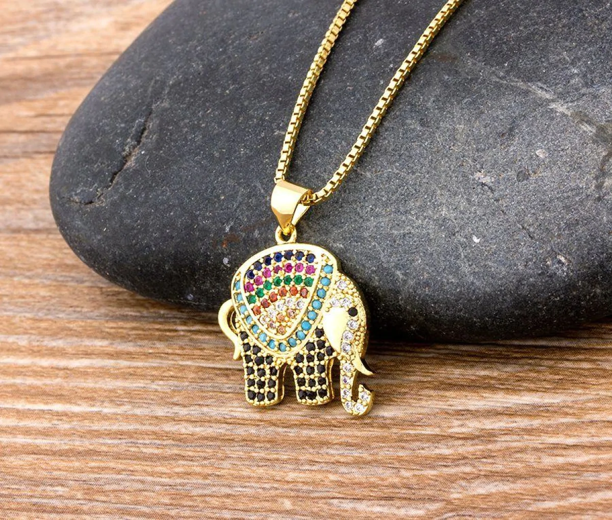 Rainbow Elephant Necklace Copper Zirconia Pendant Gold Colour Long