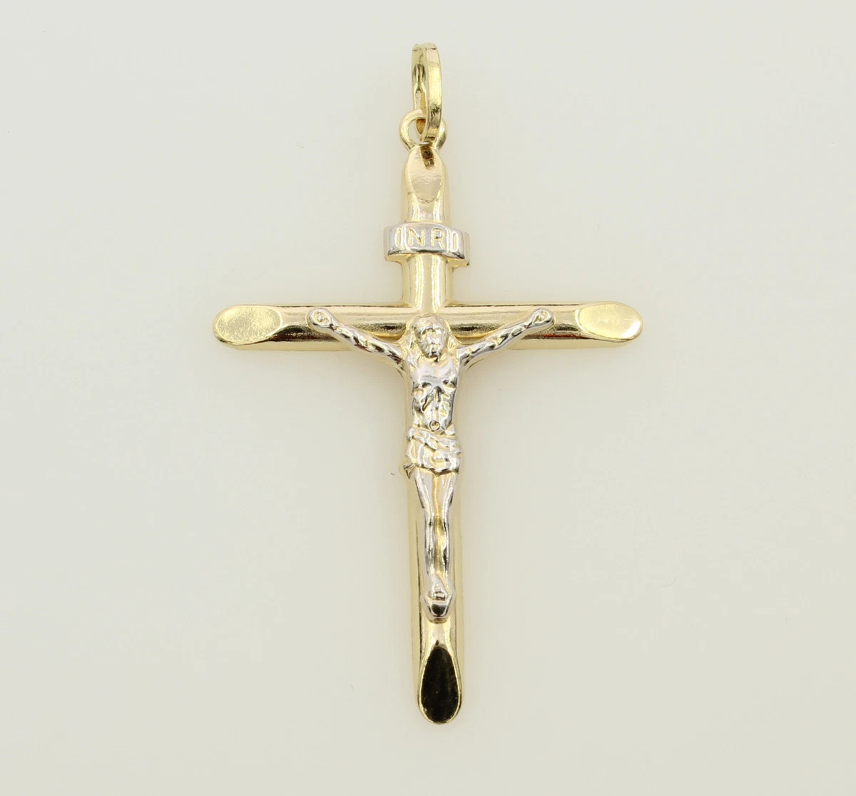 14K Yellow Two Tone Gold Half Hollow Jesus Stamped Crucifix Cross