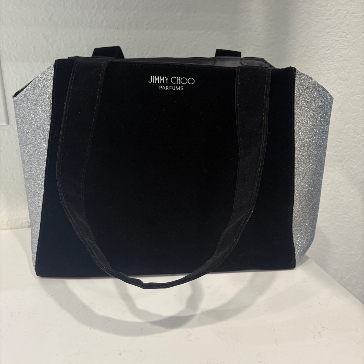 Jimmy Choo Tote Bag Black Velvet Silver Glitter 15x5x12 | eBay