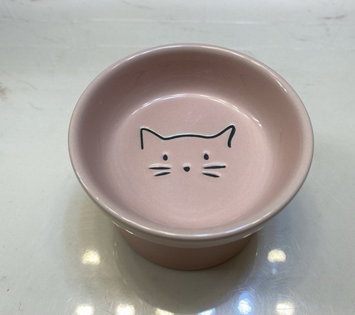Signature Cute cat face Elevated cat bowl 7cm Tall Pink& Gray set of 2 New - Picture 7 of 8