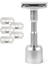 Adjustable Double Edge Safety Shaving Razor Deluxe Set Razor with Stand Silver