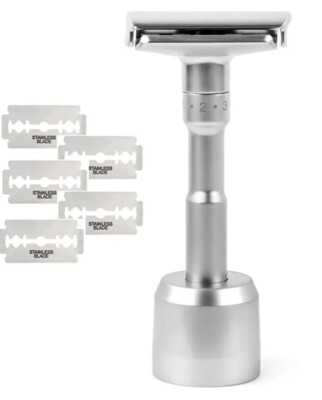 Adjustable Double Edge Safety Shaving Razor Deluxe Set (Razor with Stand) Silver