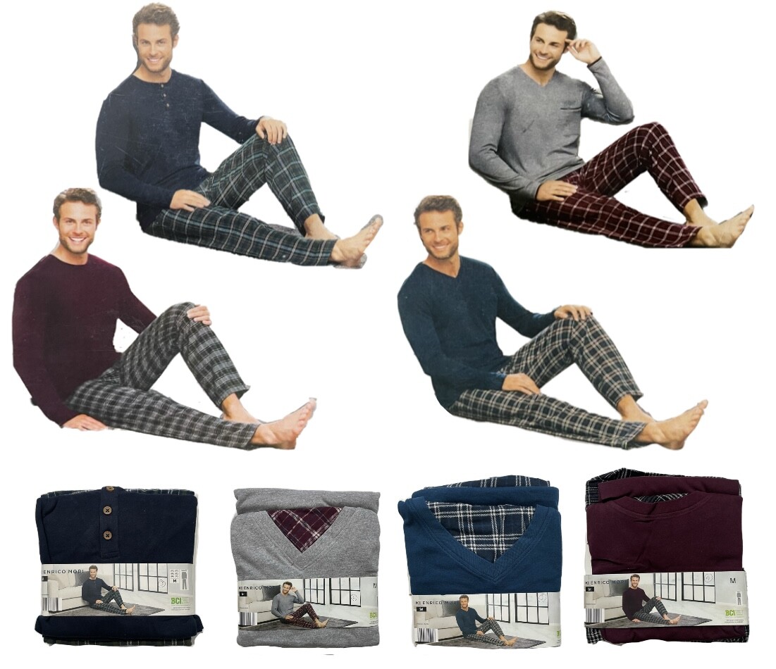 Men's Pyjamas Set Long Sleeve Top & Checked Bottoms New Soft Cotton PJs M-2XL