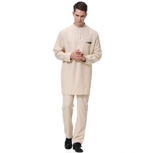 Men Thobe Jubba Two Piece Men Kaftan Top Long Pant Set Muslim Men Robe Dishdasha - Picture 23 of 42