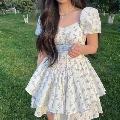 Dress Women Summer Party Dress Short Mini Puff Sleeve Floral Dress Female - Picture 8 of 14