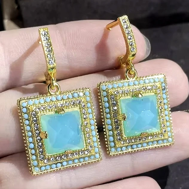 Elegant Turquoise Square JEWELS Blue Green Rhinestone Betsey Johnson Earrings - Image 2 of 4