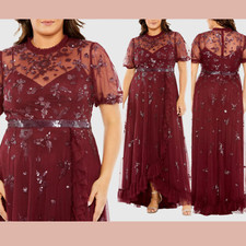 NWT Mac Duggal  24W  9269 Puff Short Sleeve Embellished Faux Wrap Gown Q1075