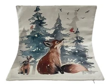 FOX Winter Trees Christmas Linen Throw Pillow Cover 18x18 Holiday Home Decor