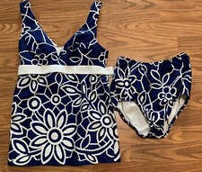 vtg 60s 70s California Poppy swimwear 2 piece navy Floral bathing suit EC
