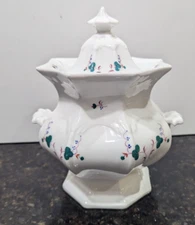 Antique c1830s Staffordshire Sprig Ware LG Covered Sugar Bowl Porcelain Sprig