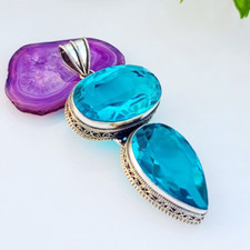 Blue Topaz Gemstone Pendant 925 Sterling Silver Handmade Large Jewelry 3.35"