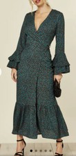 NEW Silk Fred Green Leopard Print Midi Long Ruffle Flare Sleeve Wrap Dress UK 10