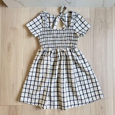 Nasty Gal Dress Womens 2 Beige Plaid Open Back Smocked Waist Short Sleeve Mini